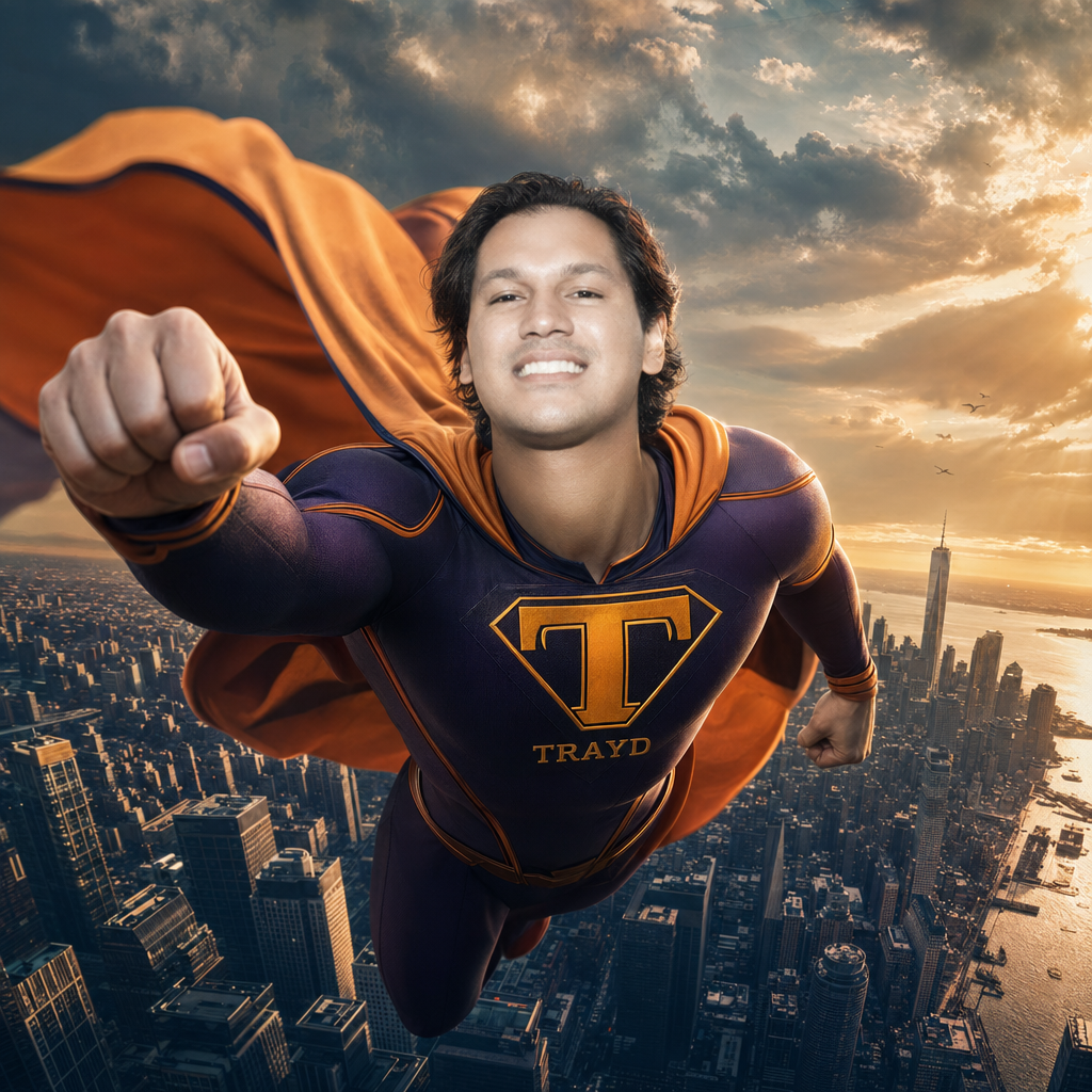 Karan Reddy flying over NYC as a superhero