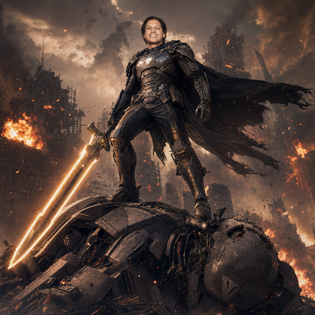 Karan Reddy as a victorious warrior on a battlefield