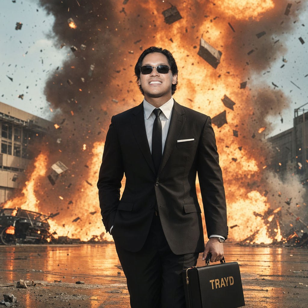 Karan Reddy walking away from an explosion