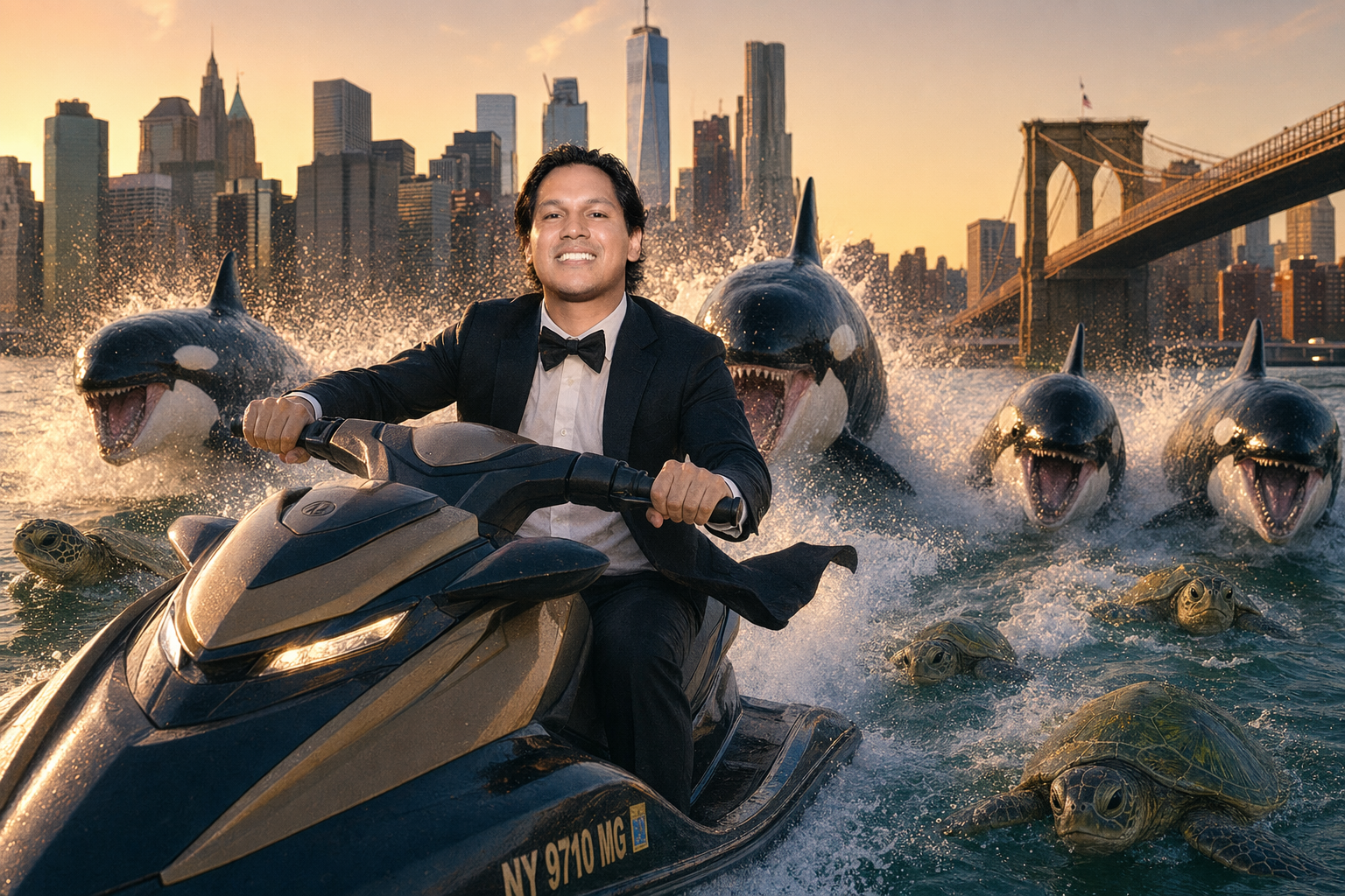 Karan Reddy on a jet ski in the East River pursued by orcas and sea turtles