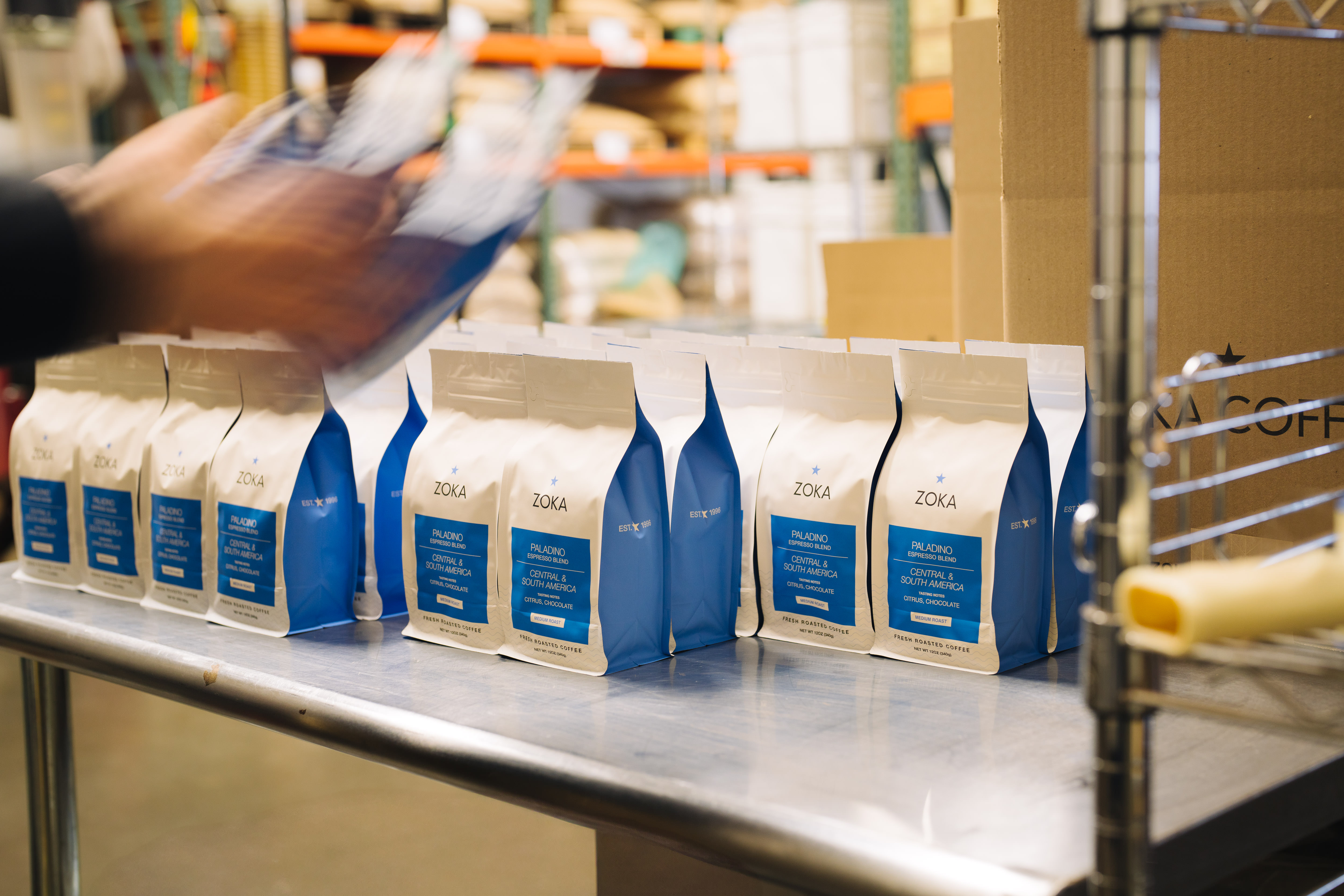 Packaging line at Zoka roastery